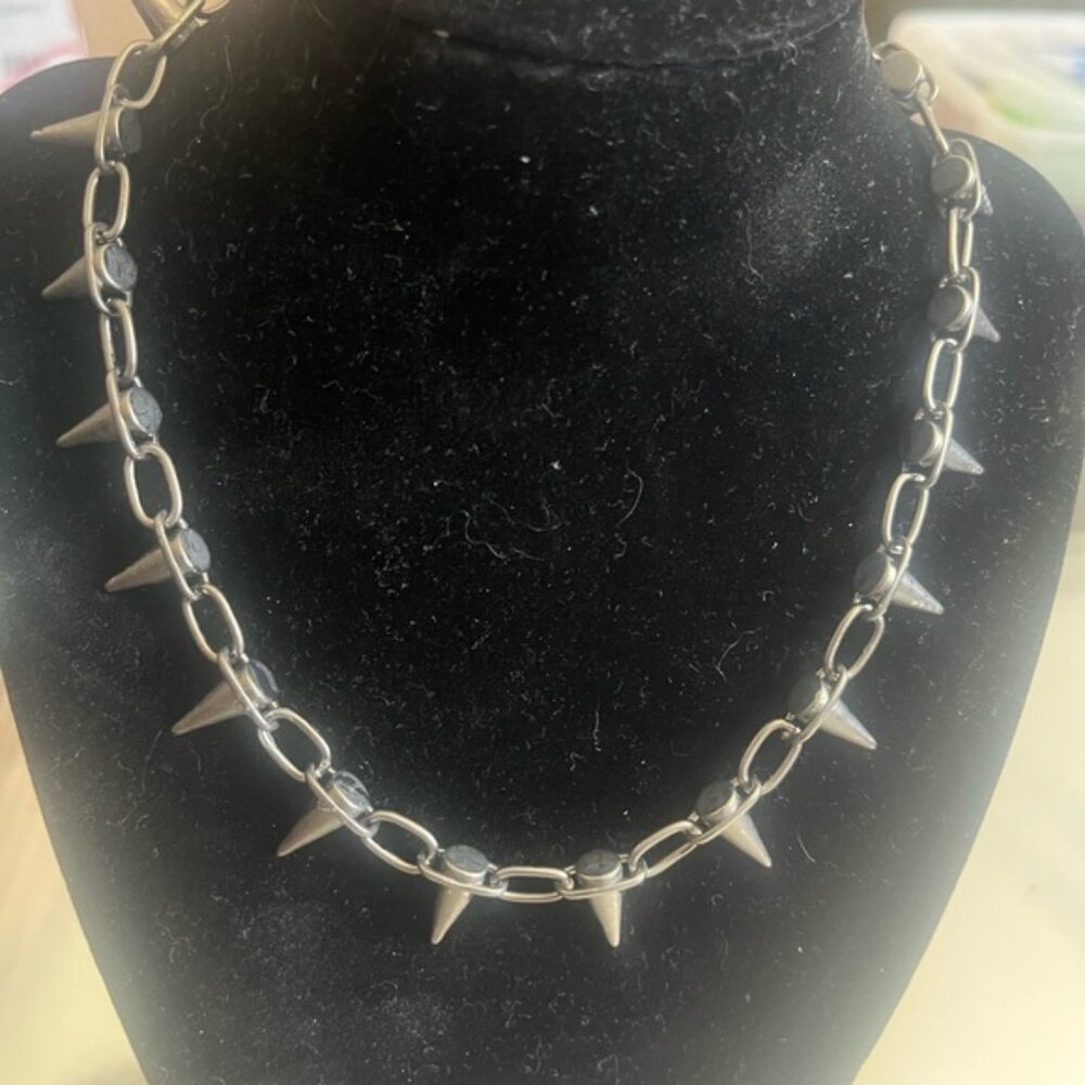 Two Edgy Spike Chain choker Necklace one silver looking and one dark tone